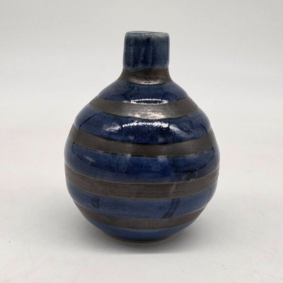 Vintage Otagiri Vase Japan Striped Blue & Black Miniature Ceramic - Picture 5 of 7